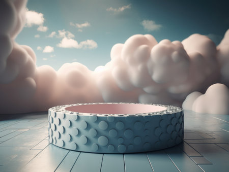 Round podium with clouds and circles created with Generative AI technologyの素材