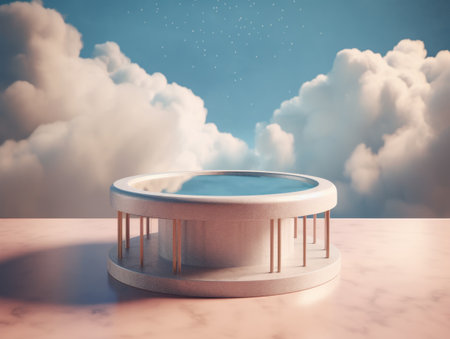 Round podium with clouds and circles created with Generative AI technologyの素材