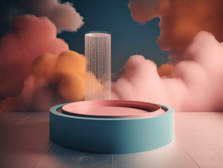 Round podium with clouds and circles created with Generative AI technologyの素材
