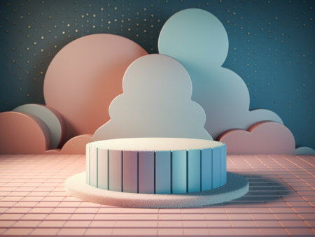 Round podium with clouds and circles created with Generative AI technologyの素材