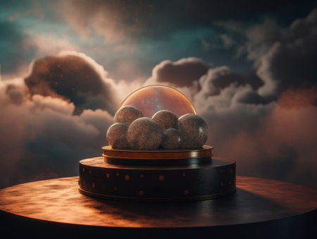 Round podium with clouds and circles created with Generative AI technologyの素材
