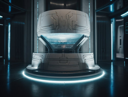 Futuristic sci-fi room with neon lights Round podium created with Generative AI technologyの素材