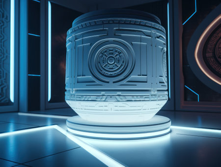 Futuristic sci-fi room with neon lights Round podium created with Generative AI technologyの素材