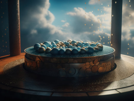 Round podium with clouds and circles created with Generative AI technologyの素材