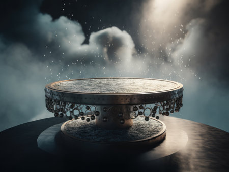 Round podium with clouds and circles created with Generative AI technologyの素材