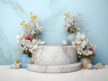 Round marble podium with flowers created with Generative AI technologyの素材