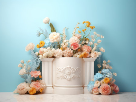 Round marble podium with flowers created with Generative AI technologyの素材