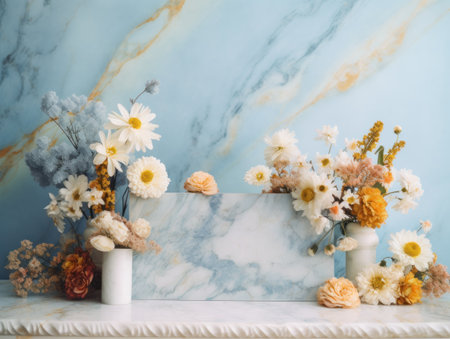 Round marble podium with flowers created with Generative AI technologyの素材