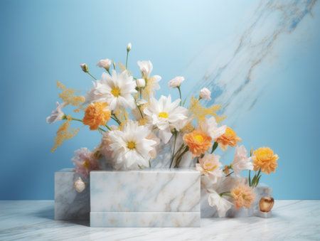 Round marble podium with flowers created with Generative AI technologyの素材