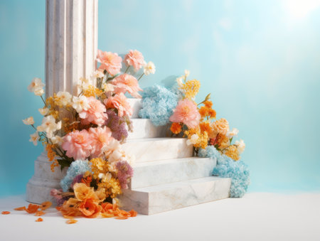 Round marble podium with flowers created with Generative AI technologyの素材