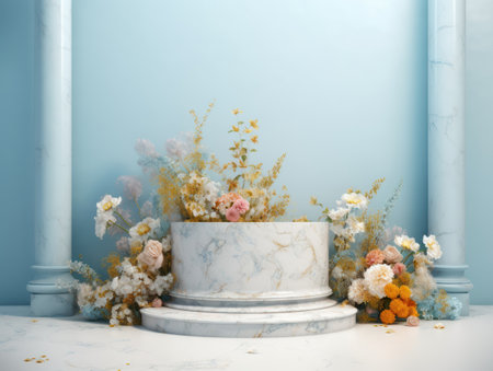 Round marble podium with flowers created with Generative AI technologyの素材