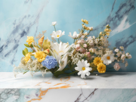 Round marble podium with flowers created with Generative AI technologyの素材