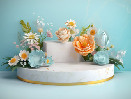 Round marble podium with flowers created with Generative AI technologyの素材