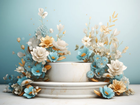 Round marble podium with flowers created with Generative AI technologyの素材