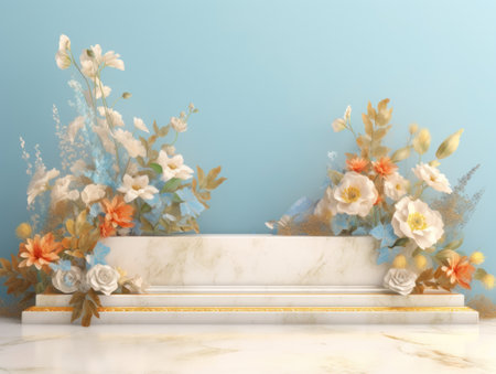 Round marble podium with flowers created with Generative AI technologyの素材