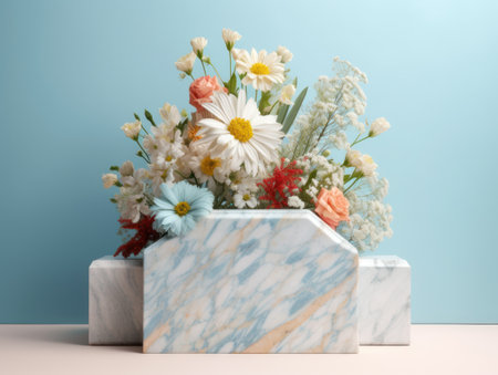 Round marble podium with flowers created with Generative AI technologyの素材