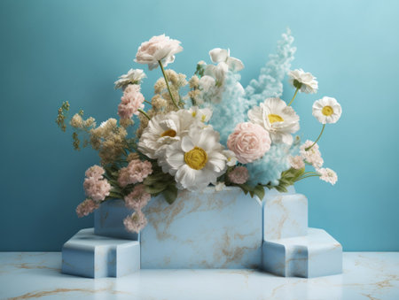 Round marble podium with flowers created with Generative AI technologyの素材