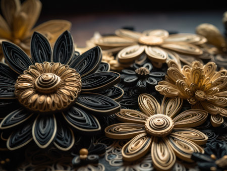 Paper made flowers Quilling craft technic black and gold abstract background lines Created with Generative AI technology.の素材