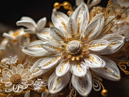 Paper made flowers Quilling craft technic white and gold abstract background lines Created with Generative AI technology.の素材
