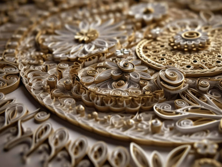 Paper made Quilling craft technic white and gold abstract background lines Created with Generative AI technology.の素材