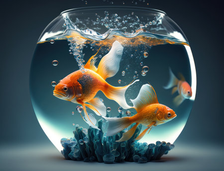 Goldfish in aquarium with water splash. 3d render illustration. Created with Generative AI technologyの素材