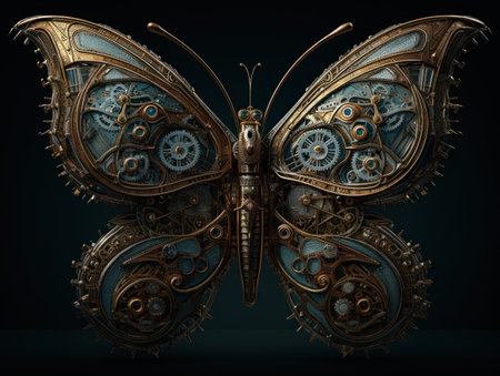 Abstract fantasy colorful mechanical butterfly background created with Generative AI technologyの素材
