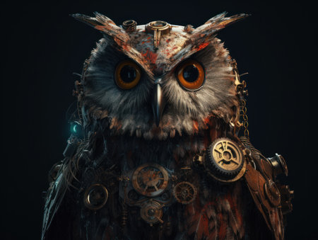 Abstract fantasy colorful mechanical owl background created with Generative AI technologyの素材