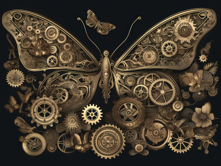 Abstract fantasy colorful mechanical butterfly background created with Generative AI technologyの素材