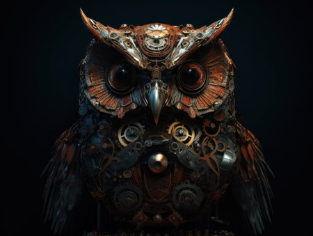 Abstract fantasy colorful mechanical owl background created with Generative AI technologyの素材