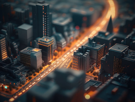 Futuristic city landscape cityscape isometric view Night city Created with Generative AI technology.の素材