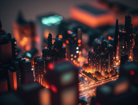 Futuristic city landscape cityscape isometric view Night city Created with Generative AI technology.の素材