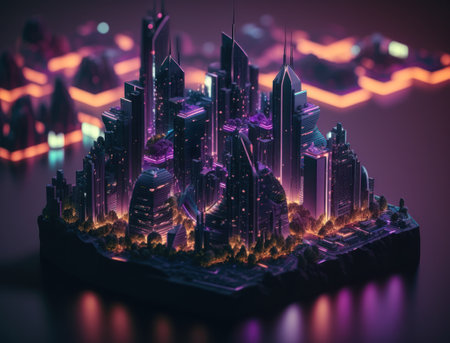 Futuristic city landscape cityscape isometric view Night city Created with Generative AI technology.の素材