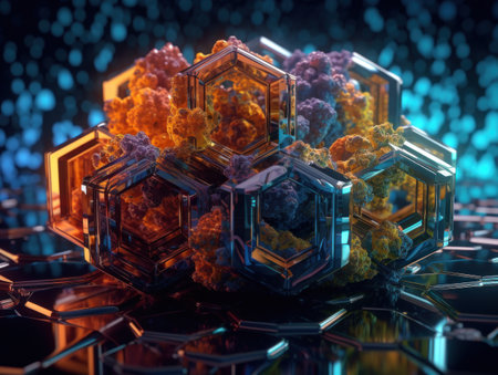 Abstract Futuristic scene with glowing neon lights and chaotic geometric shapes Created with Generative AI technologyの素材