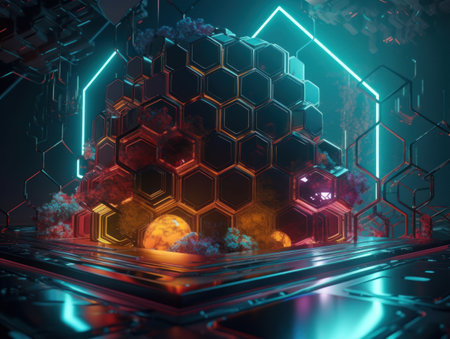Abstract Futuristic scene with glowing neon lights and chaotic geometric shapes Created with Generative AI technologyの素材