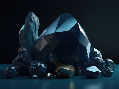 Dark blue and gold, crystal and marble, geometrical primitives pattern, abstract background created with Generative AI technologyの素材