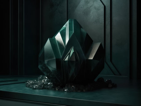 Dark green and gold, crystal and marble, geometrical primitives pattern, abstract background created with Generative AI technologyの素材