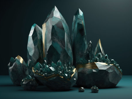 Dark green and gold, crystal and marble, geometrical primitives pattern, abstract background created with Generative AI technologyの素材