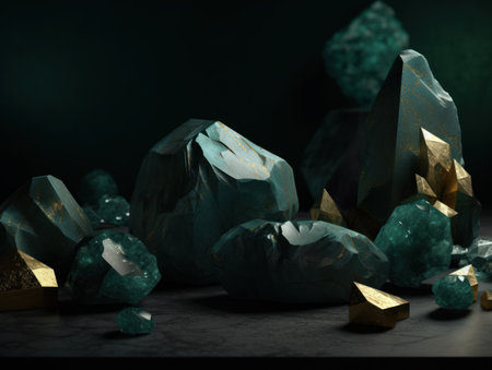 Dark green and gold, crystal and marble, geometrical primitives pattern, abstract background created with Generative AI technologyの素材