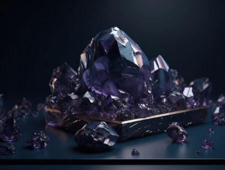 Dark violet and gold, crystal and marble, geometrical primitives pattern, abstract background created with Generative AI technologyの素材