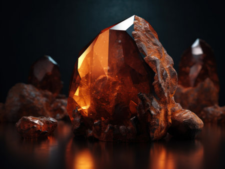 Dark orange and gold, crystal and marble, geometrical primitives pattern, abstract background created with Generative AI technologyの素材