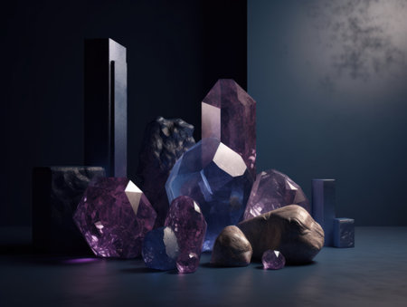 Dark violet and gold, crystal and marble, geometrical primitives pattern, abstract background created with Generative AI technologyの素材