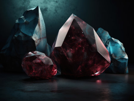 Dark red and gold, crystal and marble, geometrical primitives pattern, abstract background created with Generative AI technologyの素材