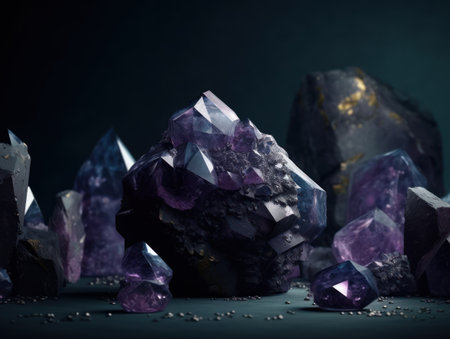 Dark violet and gold, crystal and marble, geometrical primitives pattern, abstract background created with Generative AI technologyの素材