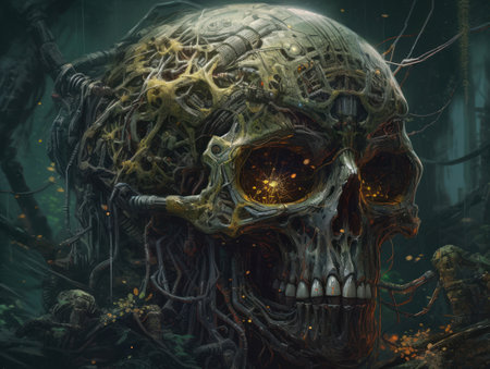 Fantasy scene with human skull in dark forest. 3d illustrationの素材
