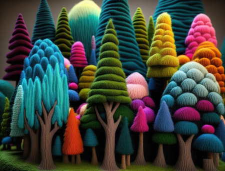 Multicolored forest made by wool yarn fabrics Created with Generative AI technology.の素材