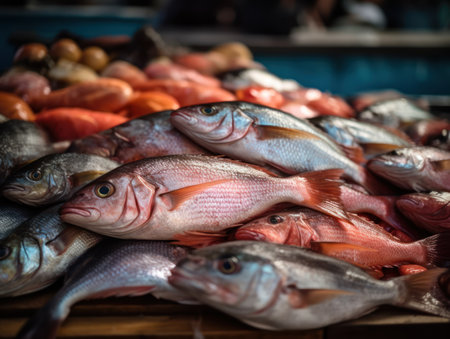 Fresh ocean fish and seafood at the fish market Close up Top view created with Generative AI technology.の素材