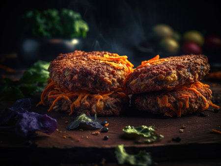 Grilled meat burger patties with vegetables close up shot created with Generative AI technology.の素材