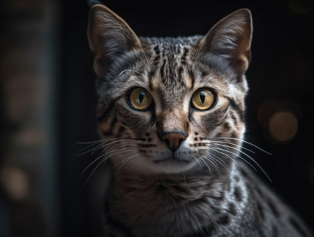 Egyptian mau cat portrait close up created with Generative AI technology.の素材