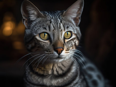 Egyptian mau cat portrait close up created with Generative AI technology.の素材