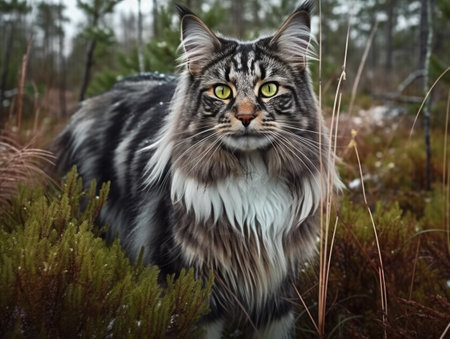 Norwegian forest Cat portrait close up created with Generative AI technology.の素材